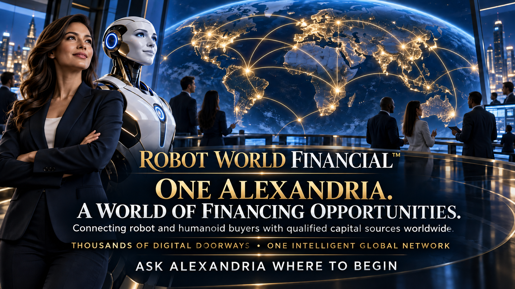 Alexandria and a businesswoman beside a blue-and-gold global network, introducing Robot World Financial and worldwide financing opportunities